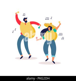 Mexican friends dancing together with traditional mexico culture clothes, maracas, mariachi hat and poncho. Isolated illustration for holiday or natio Stock Vector
