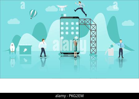Mobile Application Development Concept with Big Phone and Little People. Experienced Teamwork and Collaboration. Usable for Website, Poster, Presentat Stock Vector