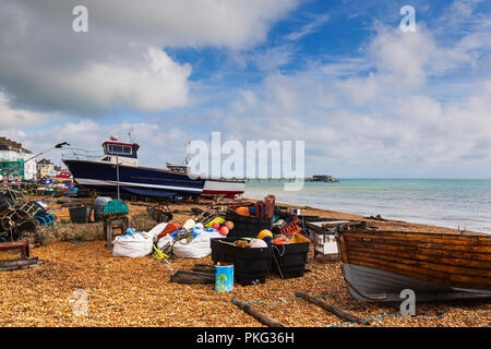 Beach at Deal in Kent on a Bright & Sunny September Morning with Fishing Boat and Associated Tackle Stock Photo