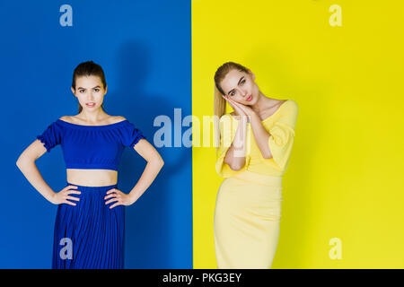 Attractive young girls in blue and yellow outfits posing on matching backgrounds Stock Photo