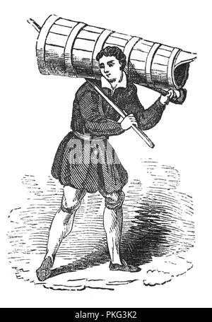 Portrait of a Water Carrier. Water was provided to individual households by carriers, commonly called 'cobs,' whose business it was to deliver water from the river or conduits to customers. Some water carriers went about the streets carrying a large tankard on their shoulders, others would carry two 3-gallon wooden tubs hanging from a shoulder-yoke. London's water carriers were organized into a guild or union. About the year 1600, a petition was presented to the House of Commons by the water-tankard bearers of London in which it is stated that they and their families numbered 4,000 Stock Photo