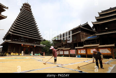 Sanjiang, China's Guangxi Zhuang Autonomous Region. 13th Sep, 2018. Villagers air grain in Gaoxiu Village in Sanjiang Dong Autonomous County, south China's Guangxi Zhuang Autonomous Region, Sept. 13, 2018. Credit: Wu Lianxun/Xinhua/Alamy Live News Stock Photo