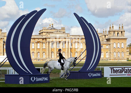 Woodstock, Oxfordshire, UK. 13th September, 2018. Samantha Hobbes on Tresoake make thri way into the dressage ring on the first day of the Blenheim Horse Trials 2018 Picture: Ric Mellis 13/9/2018 Credit: Ric Mellis/Alamy Live News Stock Photo