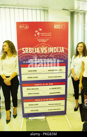 Kraljevo, Serbia. 13th September 2018. The results of the draw are displayed during previews for the Davis Cup 2018 Tennis World Group Play-off Round at the Sportski Center Ibar in Kraljevo, Serbia. Credit: Karunesh Johri/Alamy Live News. Stock Photo