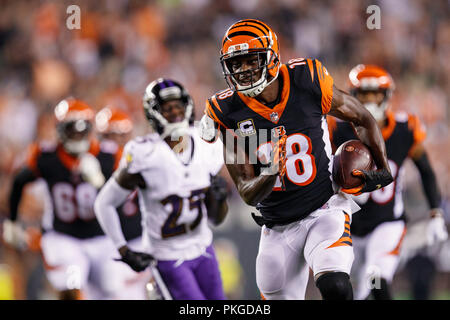 Cincinnati Bengals wide receiver A.J. Green (18) runs before the start of  an NFL football game