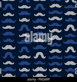 Moustaches Seamless Patterns for November Holiday Wrapping Paper. Blue and Grey Vector Mustache Silhouettes for Fabric Textile Design. Cinco de Mayo, Vintage Mustaches Carnival Design. Dark Background Stock Vector