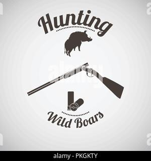 Hunting Vintage Emblem. Opened Hunting Gun With Ammo and Wild Boar Silhouette. Dark Brown Retro Style.  Vector Illustration. Stock Vector