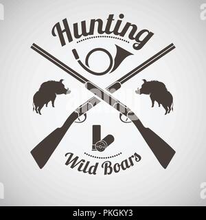 Hunting Vintage Emblem. Cross Hunting Gun With Ammo, Hunting Horn and Boars Silhouettes. Dark Brown Retro Style.  Vector Illustration. Stock Vector