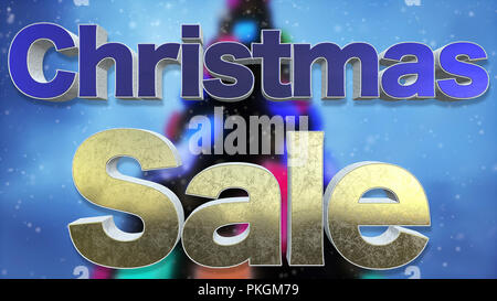 Christmas Sale 3D Text. Beautiful Metal, Gold And Snow Text Effect With Snow Falling And Christmas Tree Blurred Background Stock Photo