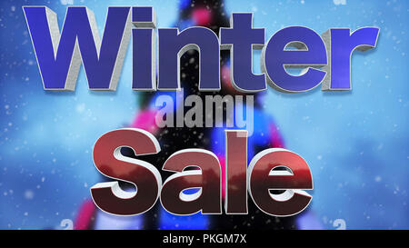 Winter Sale 3D Text. Beautiful Metal And Snow Text Effect With Snow Falling And Christmas Tree Blurred Background Stock Photo