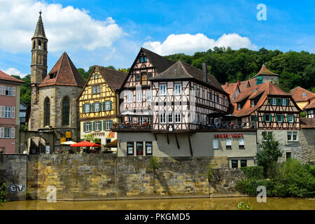 Church Johanniterkirche and historic half-timbered houses in the old town quarter Im Weiler, Schwäbisch Hall, Germany Stock Photo