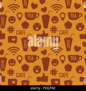 Seamless pattern of cafe. Vector illustration of stickers isolated on a brown background. Stock Vector