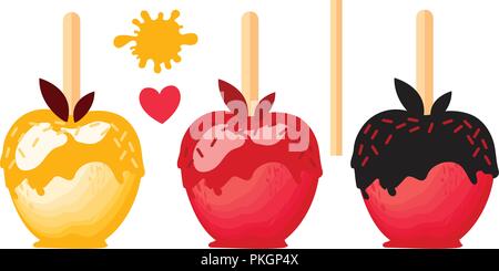 Set Apple with caramels in glaze Sweet candy on sticks. Vector illustration on white background. Stock Vector