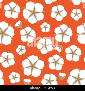 Cotton flower Seamless pattern. Flat style on orange background. Vector illustration. Stock Vector