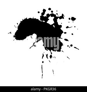 Ebony ink blob. Black blotch on white background. Ink splatter with droppings. Black paint spilled drop cover and textile design element. Paint blob. Inkblot on paper. Isolated vector illustration Stock Vector