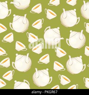 Tea or Coffee Seamless Pattern with Porcelain Teapot and Tea cup in Flat Style. Ready to Print on Fabric Textile, Tablecloth or Paper Gift Wrapping and Scrapbooking Stock Vector
