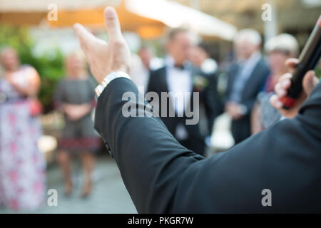 Microphone soft focus on blur abstract background lecture hall seminar meeting room in business event educational academic classroom training course Stock Photo