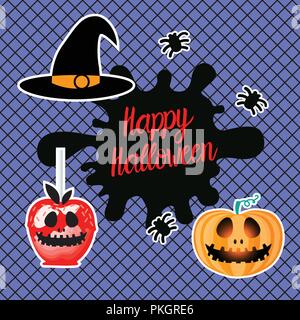 Happy Halloween design. Set of hearts hand draw. Vector illustration isolated on blue background. Black fishnet tights seamless pattern. Stock Vector
