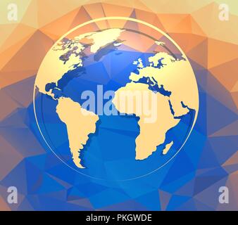 Golden Globe Emblem on abstract polygonal colorful background. Vector illustration. Stock Vector
