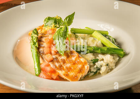 New Modern Italian Menu Photo Shoot . Grilled Salmon Risotto .Arpi Pap Studio  Images Stock Photo