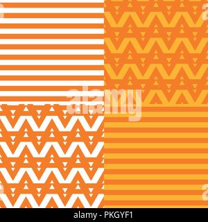 Vector Set of striped and geometric seamless patterns. Orange with yellow colors. Banner background templates. Stock Vector