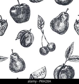 Fruits. Seamless pattern. Hand drawn sketch in grunge style Stock Vector
