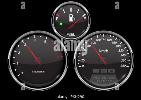 Car dashboard black gauges set. Speedometer, tachometer, fuel gauge Stock Vector