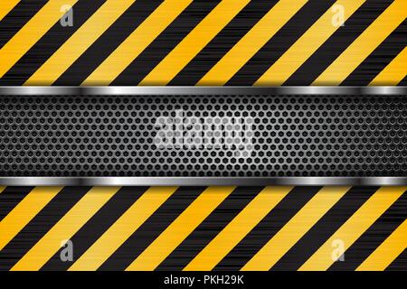Under construction background. Black yellow stripes on metal perforated texture Stock Vector