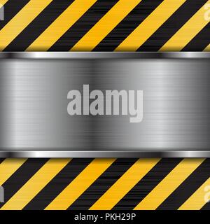 Brushed metal texture with black yellow stripes. Under construction background Stock Vector