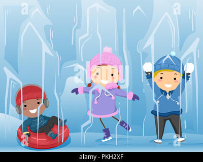 Illustration of Stickman Kids Playing Inside Ice. Ice Skating, Playing with Snow and Snow Tubing Stock Photo