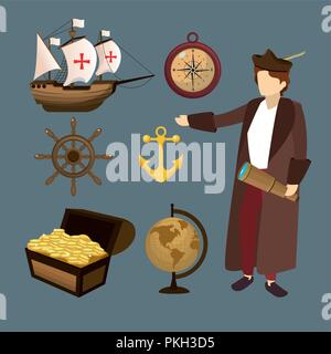 Set of columbus day icons Stock Vector