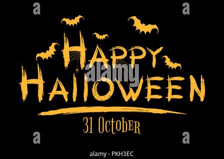 Happy Halloween inscription. Grunge brush. Flying bats and a spider on a web. Text banner. 31 october.Terrible festive cover. Vector illustration. EPS Stock Vector