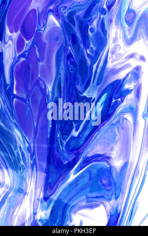 Liquid marbling blue paint texture. Fluid art. Grunge acrylic paint stains. Marbled blue brushstrokes and streaks. Marble textured background. Gouache diffusion poster abstract design. Color raster Stock Photo