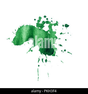 Green paint watercolor splash texture. Hand drawn inkblot on paper. Green dry spot on white background. Ink splatter. Shapeless paint drop design element. Isolated ink blob raster Stock Photo