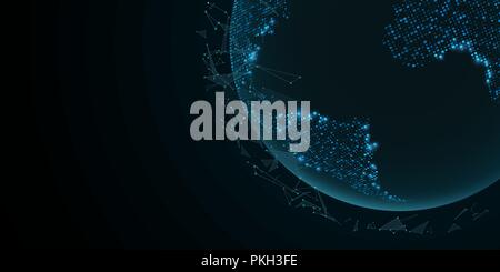 Futuristic planet Earth with flying triangles. World map. Blue lights. Sci-fi and hi-tech. Plexus particles. Map of glowing dots. World Network. Vecto Stock Vector
