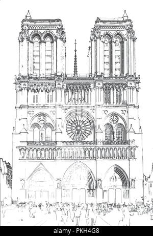 Vector Illustration, in sketch style, of Notre Dame de Paris - Paris, France Stock Vector