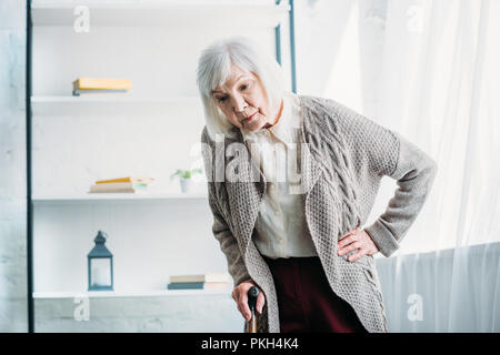 portrait of grey hair lady akimbo with walking stick standing in middle of room at home Stock Photo