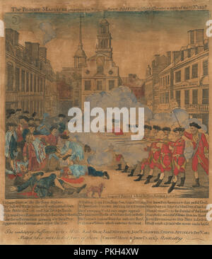 The Boston Massacre (The Bloody Massacre). Dated: 1770. Dimensions: image: 20 × 21.91 cm (7 7/8 × 8 5/8 in.)  sheet: 27.31 × 23.81 cm (10 3/4 × 9 3/8 in.). Medium: hand-colored engraving. Museum: National Gallery of Art, Washington DC. Author: Paul Revere, after Henry Pelham. Paul Revere. Paul Revere, Jr. Stock Photo