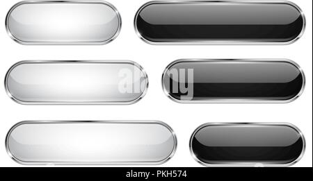 Black and white glass 3d buttons. Oval icons set with thin metal frame Stock Vector