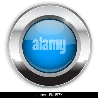 Blue round button. Glass 3d shiny icon with wide metal frame Stock Vector