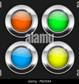 Colored round buttons. Glass 3d shiny icons with wide metal frame on black background Stock Vector
