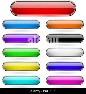 Colored glass 3d buttons with chrome frame. Oval icons Stock Vector