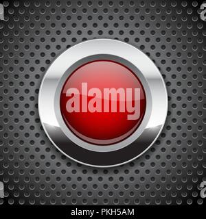 Red button on metal perforated background. Round glass icon with chrome frame Stock Vector