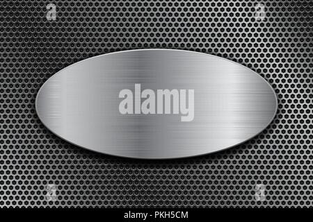 Brushed metal oval plate on perforated background Stock Vector