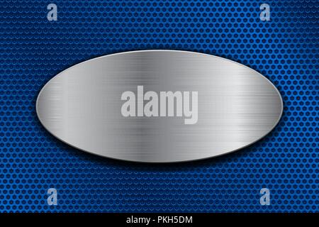 Brushed metal oval plate on blue perforated background Stock Vector