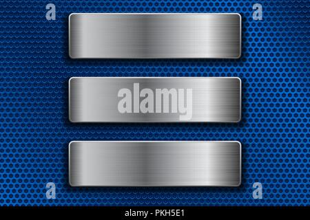 Steel plates on blue metal perforated background Stock Vector