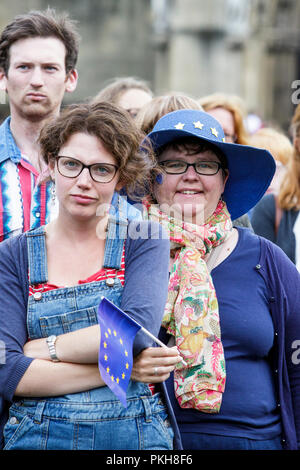 Pro EU supporters + protesters are pictured as they listen to speeches during an anti Brexit protest rally + march in College Green,Bristol 14/07/2016 Stock Photo