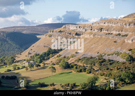 The limestone cliffs of Eglwyseg Escarpment above the Vale of Llangollen, Wales, UK Stock Photo