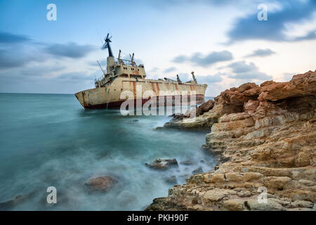 Abandoned ship that was shipwrecked off near the coast of Cyprus Stock Photo