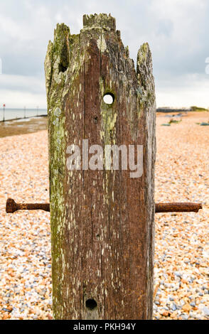 One of the old sea defence posts at the entrance to Rye Harbour, East Sussex, England. 30 August 2018 Stock Photo